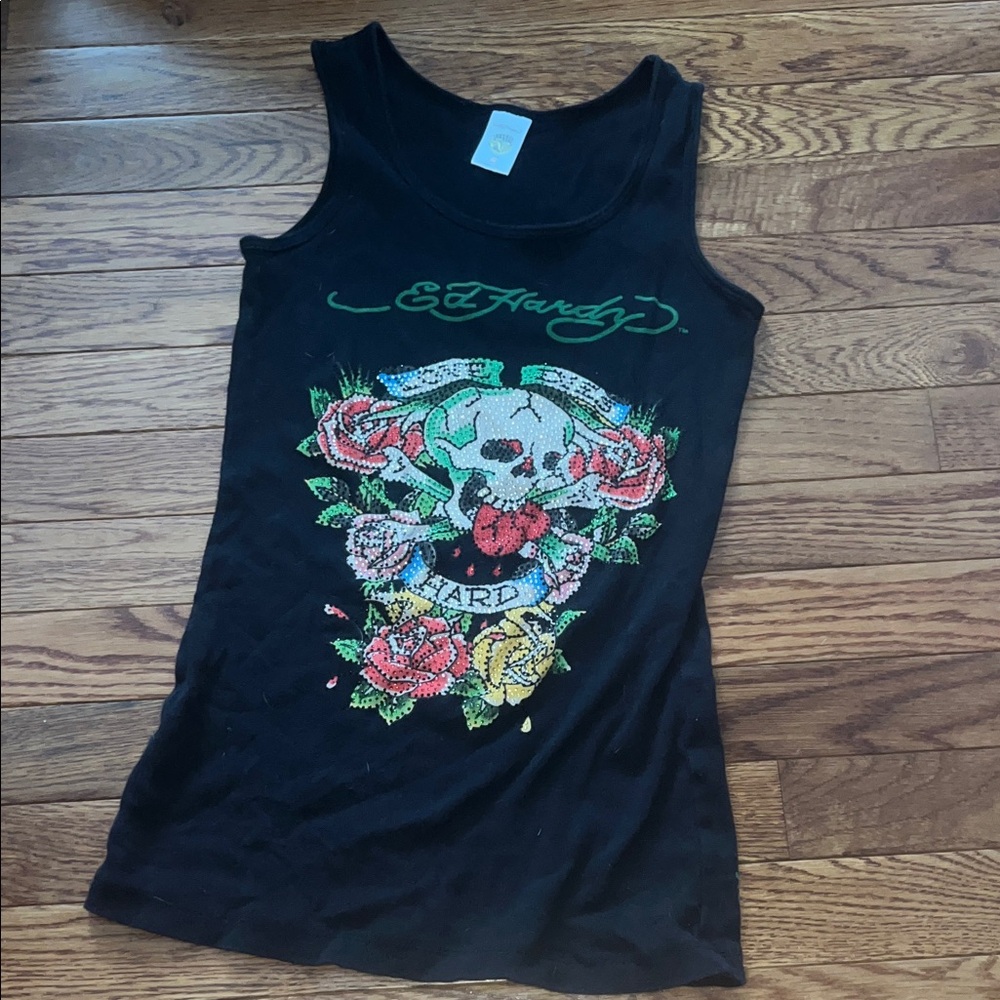 Ed Hardy Black Tank Top with Skull and Roses